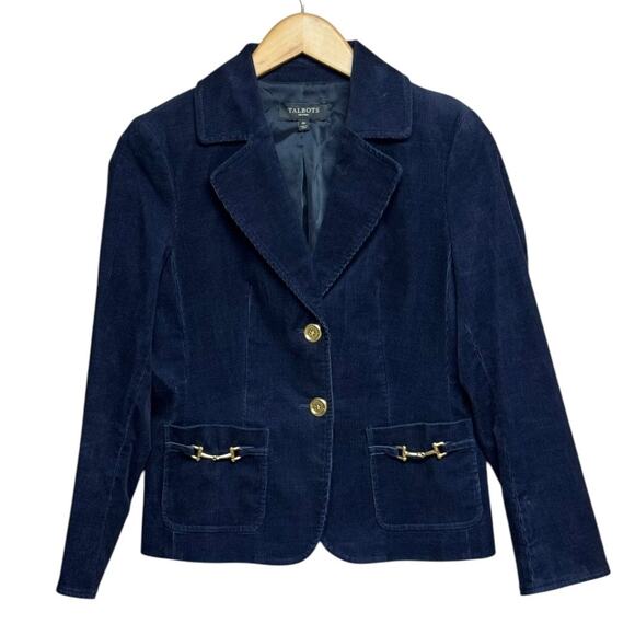 Talbots Stretch Corduroy Equestrian Blazer Jacket Navy Gold Horse Bit Size 4P - Picture 2 of 10